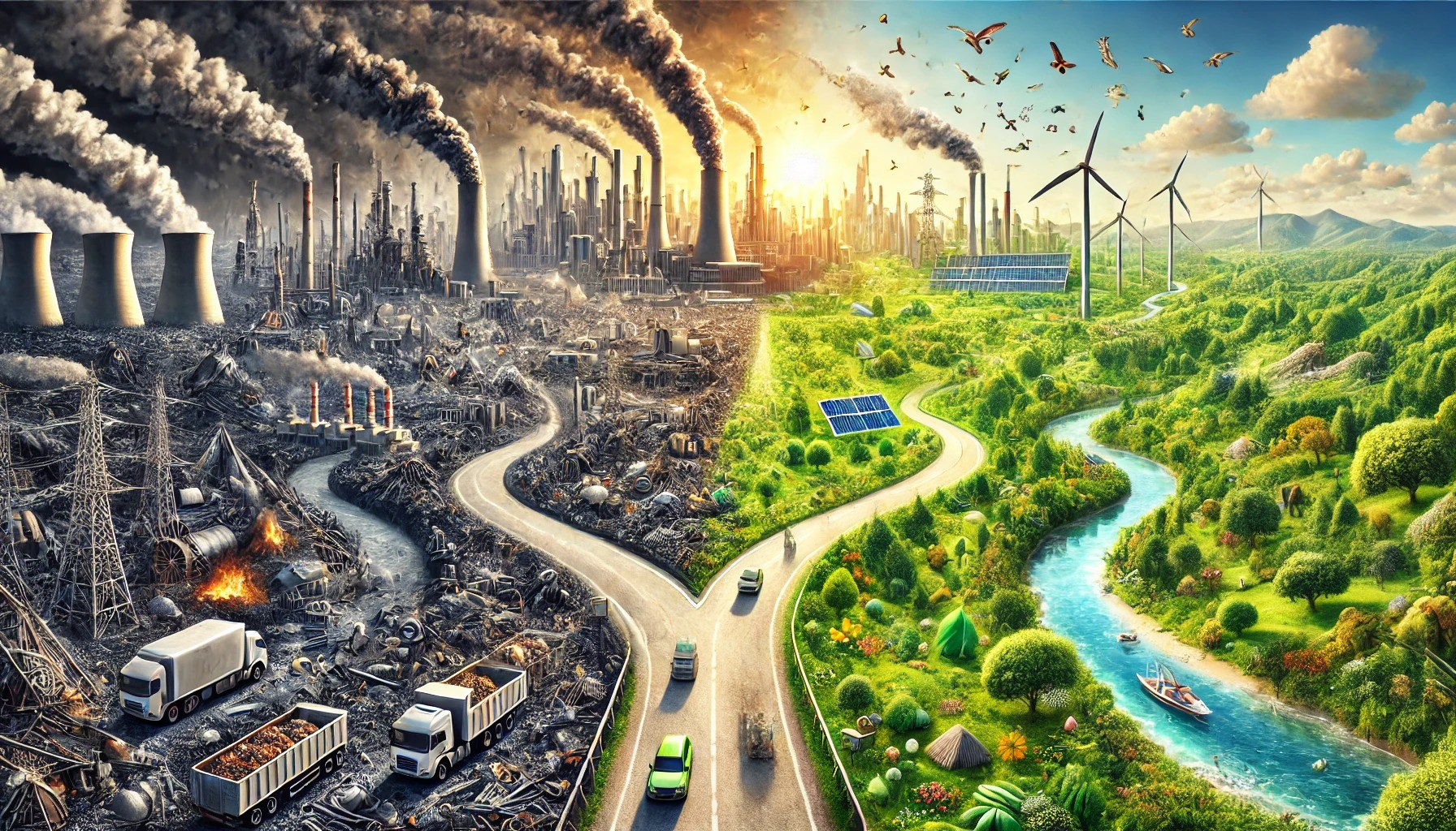 Weggabelung mit zwei Welten: Kohle/Atomkraft vs. grüne IT